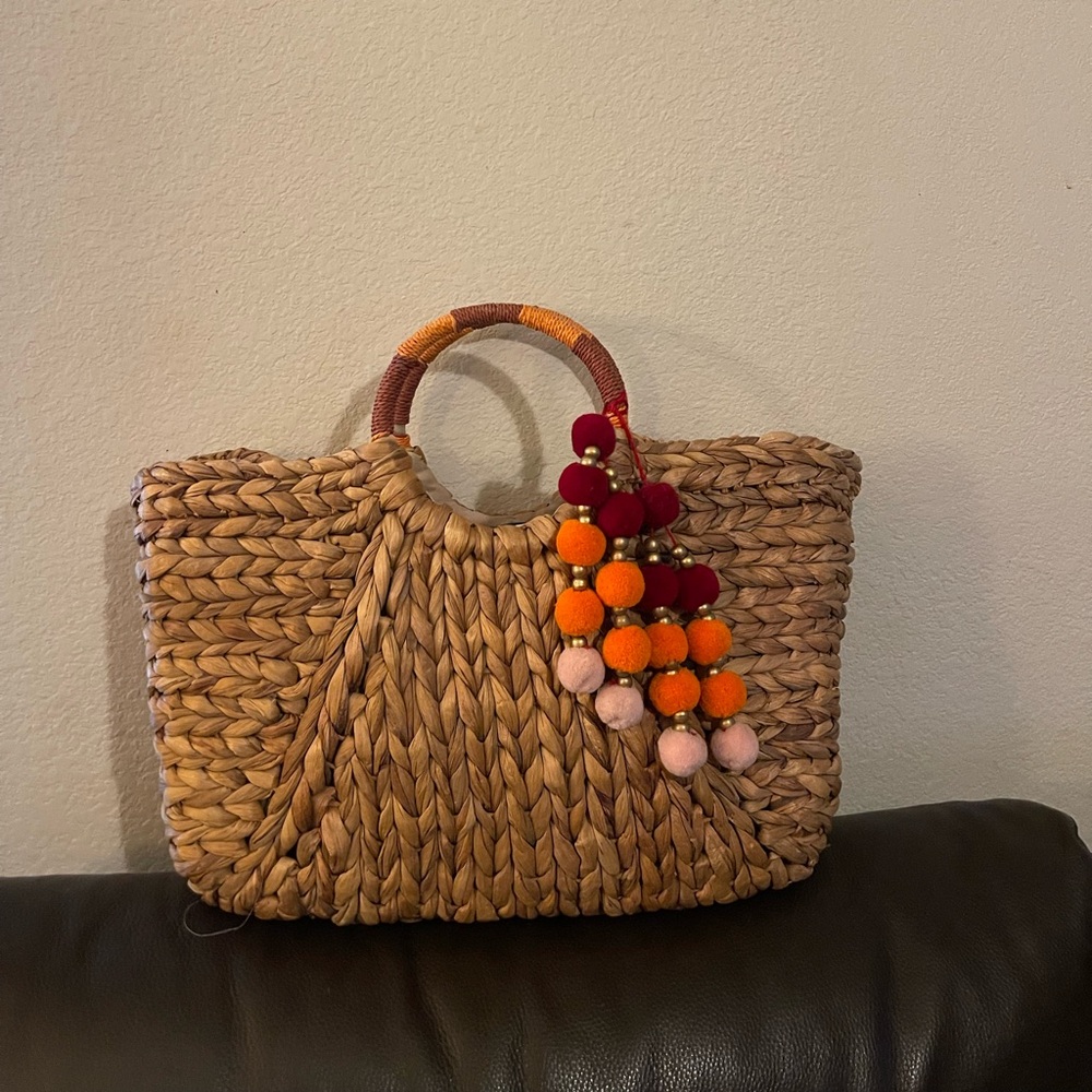 Vintage Tan Woven Bag with Colorful Pom Poms